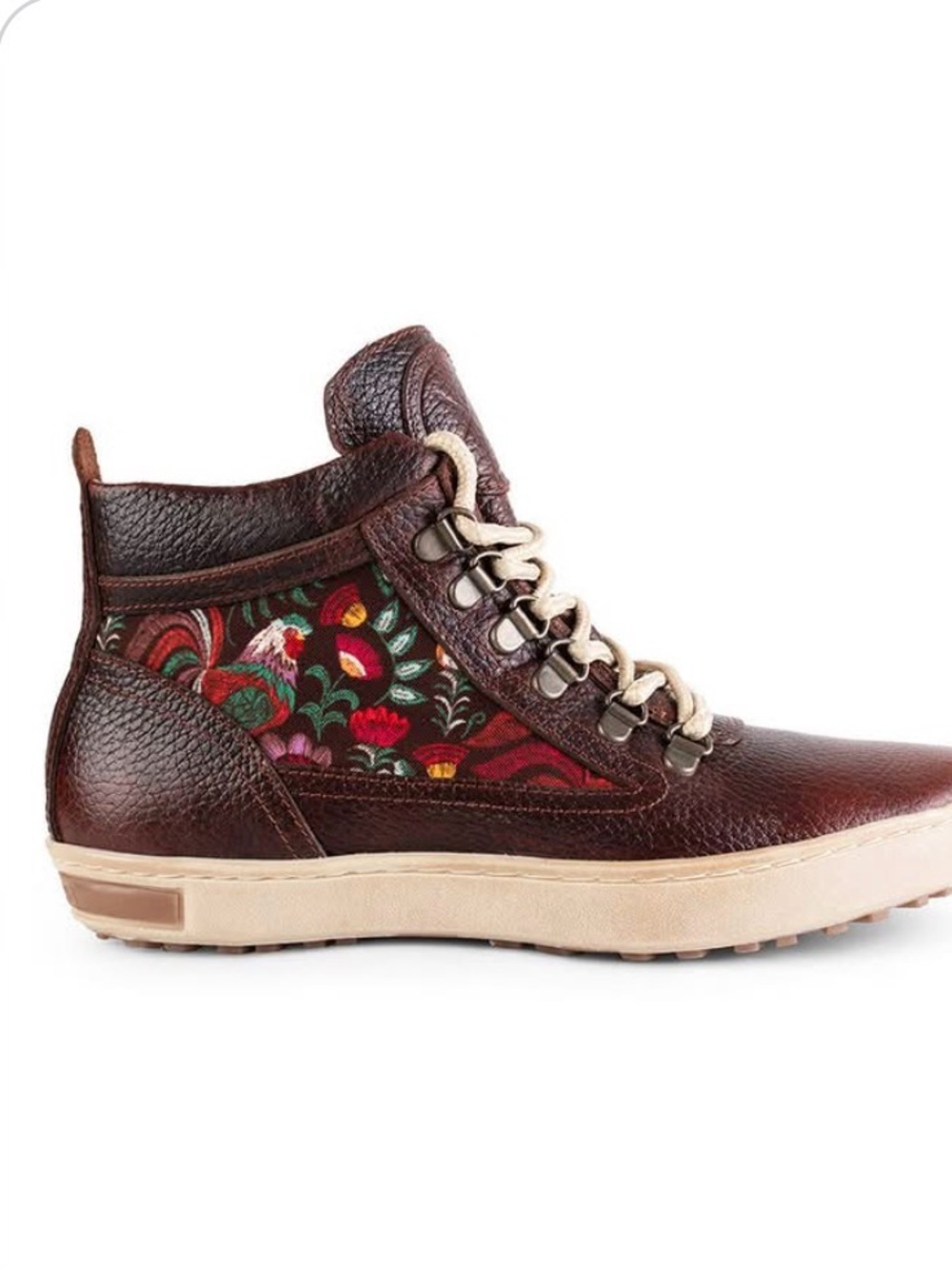 inkkas Brown Leather Lace-Up Ankle Boot with Floral Panel